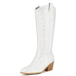 Idifu Womens Size 9 White Silver Rhinestone 3" Block Heel Cowboy Western Boots